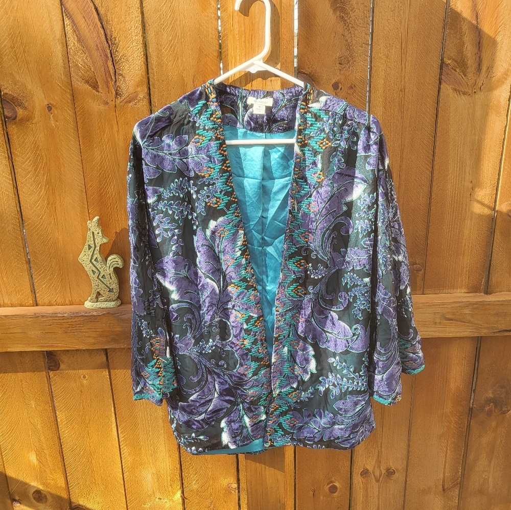 Sundance Emboidered Velvet Open Front Kimono Style Cardigan Jacket